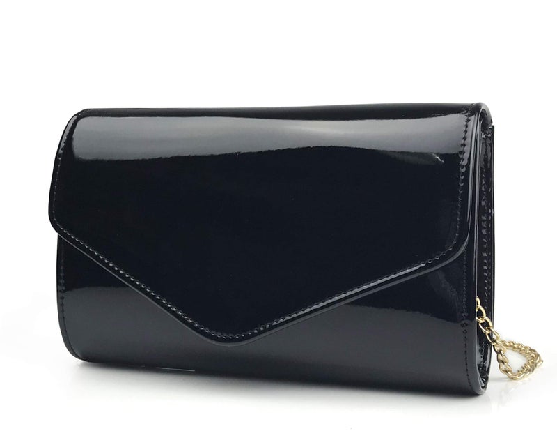 HOXIS Glossy Envelope Evening Clutch Faux Patent Leather Women Chain Shoulder Bag Solid Color Purse (Black) - Image 1